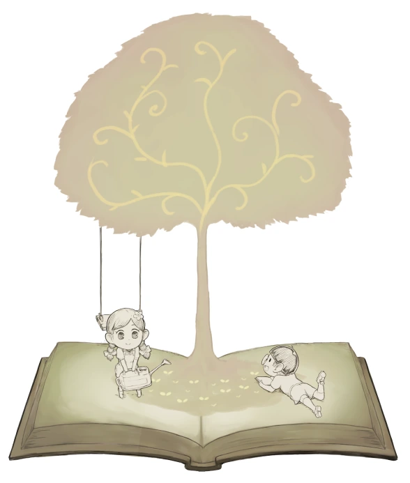 本の中で遊ぶ子供たちのイラスト